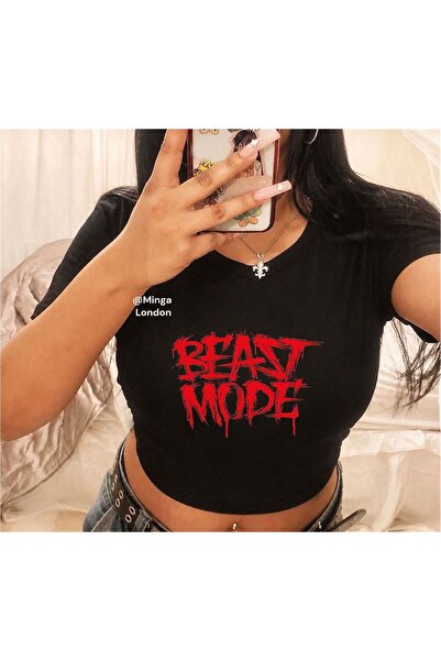 Minga London Crop negru cu imprimeu Beast Mode MingaLondon