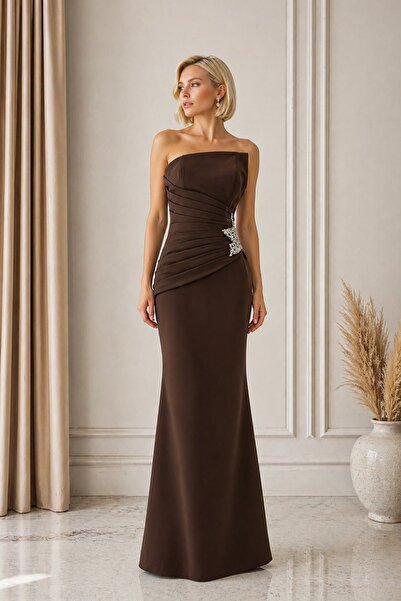 Rain and River Strapless draped long evening dress with stone detail