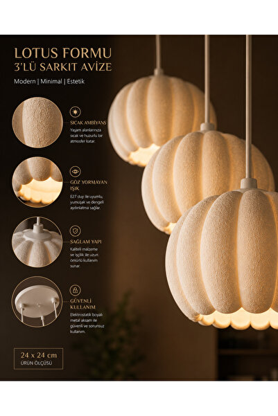 fao shop 7/24 Modern Lotus Sarkıt Avize 3’lü Dekoratif Avize Minimal Salon Ye...