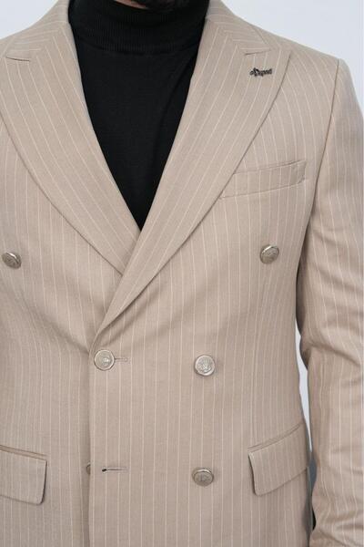 Dupont Slim Fit Men's Pointed Collar Striped Double Breasted Suit