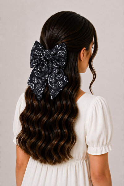 MakeWell Women's Black and White Shawl Patterned Bow Clip Hair Clip Fabric Bo...
