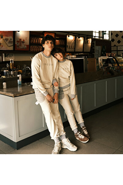 Double Sided Pamuklu Bisiklet Yaka Erkek Sweatshirt Regular Ham-Gri