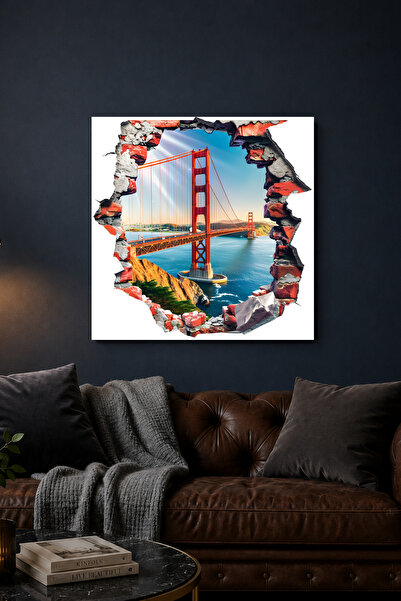 Lucena Pictură metalică 3D Golden Gate Bridge, decor de perete cu tematică or...
