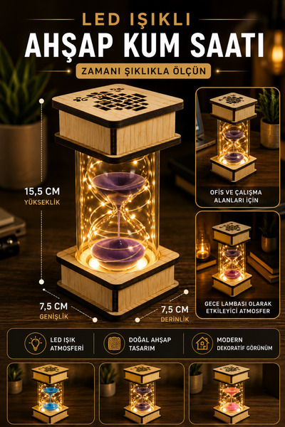 Tamsena Store Doğal Ahşap LED Kum Saati Dekoratif Masaüstü Ortam Lambası Mode...