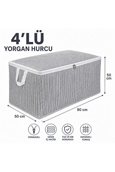 ÖZPOLATLAR Gümüş Hurç 4’lü Fermuarlı Yorgan Hurcu 90x50x50 cm Sandık Tipi Sak...