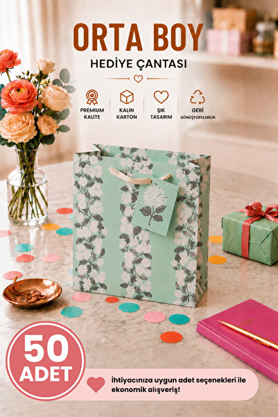 Daks 50 Pcs (23 X 18 X 10 cm) - Medium Size Cardboard Gift Bag with Mint Flor...