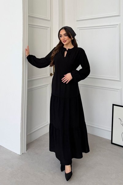 bacc Women's Black Layered Flounce Ribbed Hijab Dress
