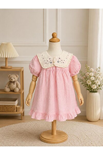 Kids Pembe Yaka Detaylı Müslin Elbise