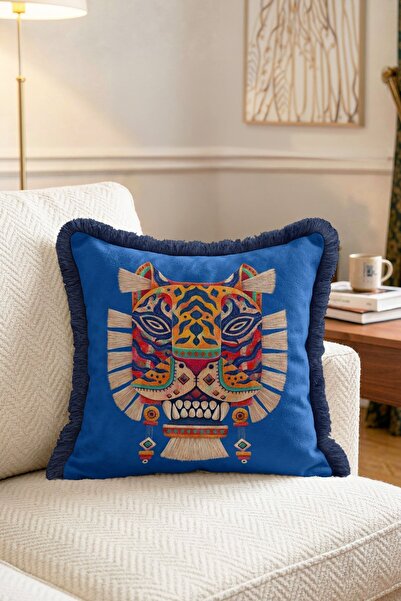 IdeCraft Ethnic Tiger Mask Patterned Fringed Throw Pillow Cover - Navy Blue B...