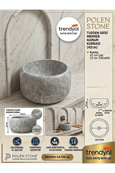 Polen Stone Tusden Grisi Doğal Mermer Hamam Kurnası (42x22 cm)