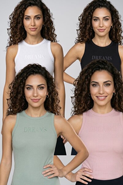 fevien Women's 4-Pack Cotton Camisole Thick Strap Crew Neck Front Lettering P...