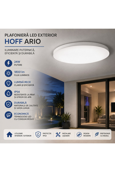 OEM Hoff Ario Outdoor LED Ceiling Light, 24W, 1800 lm, IP54, Cold Light, White