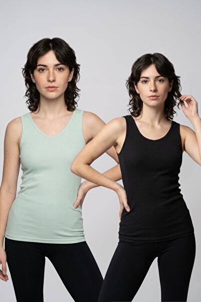 fevien 2-Pack Women's V-Neck Thick Strap Self-Bra Covered Ribbed Camisole Cot...