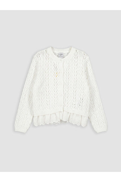 LC Waikiki White Crew Neck Long Sleeve Girls' Knitwear Cardigan