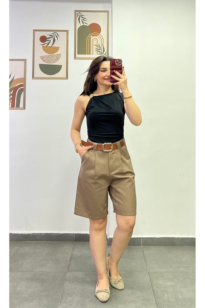 bydenizcollection Cotton Fabric Shorts with Pockets and Belt Detail
