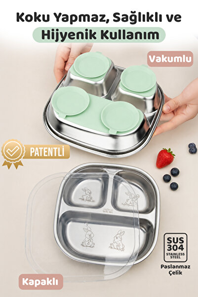 Guqqo Silikon Vakumlu Paslanmaz Çelik Mama Tabağı, 3 Derin Bölmeli Bebek Taba...