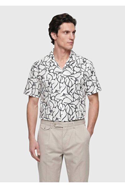 Ramsey Ecru Printed Regular Fit Short Woven Casual 100% Cotton Shirt