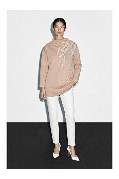 LC Waikiki Nevavm High Collar Beige Color Scuba Tunic with Tassel Troc and Di...