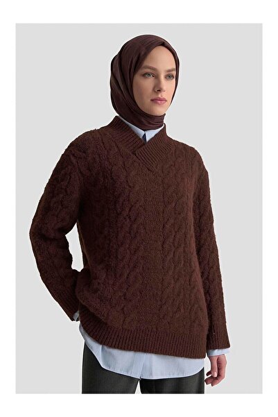 LC Waikiki Nevavm Farkıyla Saç Örgü Patterned Sweater 25Kd6002 Red Brown