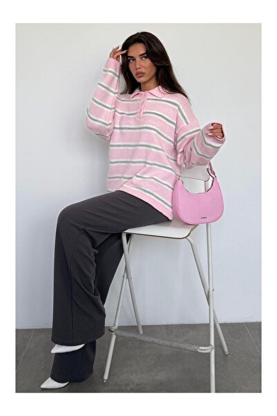LC Waikiki Nevavm Pink Polo Collar Striped Women's Knitwear Sweater with Diff...