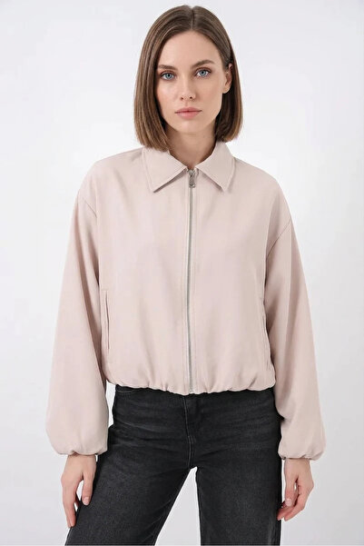 buğrahayalin Women's Classic Collar Regular Zipper Oversize Cream Jacket