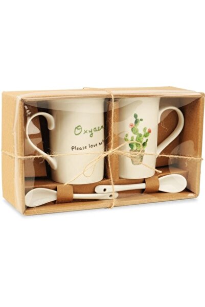 Goliat Set of 2 ceramic mugs with spoons, Goliat, cactus motif, 25x14cm