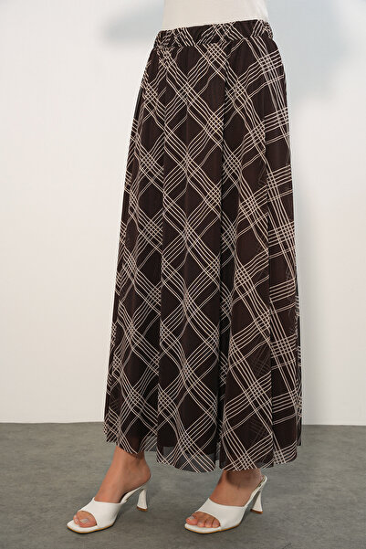 buğrahayalin Women's Striped Patterned Chiffon Dark Brown Skirt