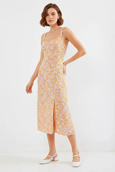 buğrahayalin Women's Strappy Floral Patterned Viscose Orange Dress