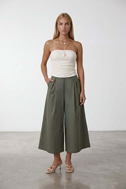 Trend Alaçatı Stili Women's khaki double pocket pleated waist lined poplin ca...