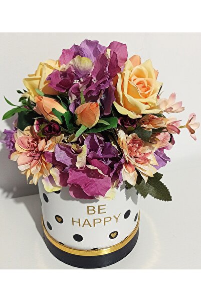 Pasiunea Florilor Tall round box with Polka Dot , yellow roses and purple dah...