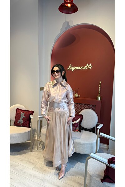 Butik Pudra pembe tül saten fermuarlı taşlı lastikli beli saten tül pileli as...