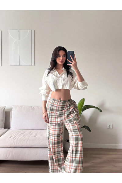Zoom Butik Bel Fular Ekose Pantolon - HAKİ