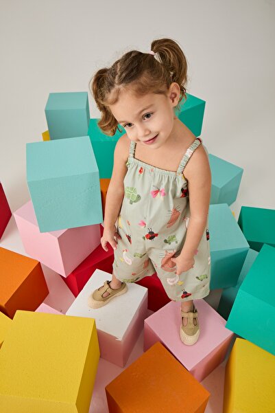 Maya And Luca Little Farm Patterned 100% Cotton Girls Summer Green Overalls Salopet