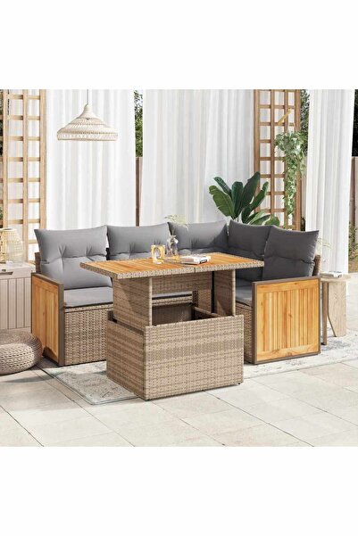 vidaxl Set canapele de gradina cu perne 5 piese bej poliratan/acacia
