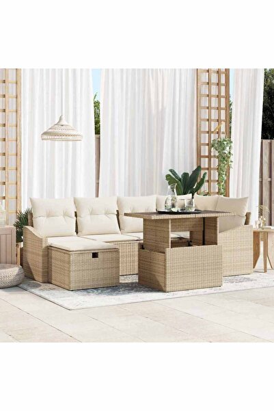 vidaxl Set de canapele pentru gradina cu perna 7 pcs Bej poliratan