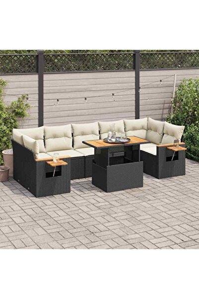 vidaxl Set mobilier gradina perne 8 piese negru, poliratan/lemn acacia
