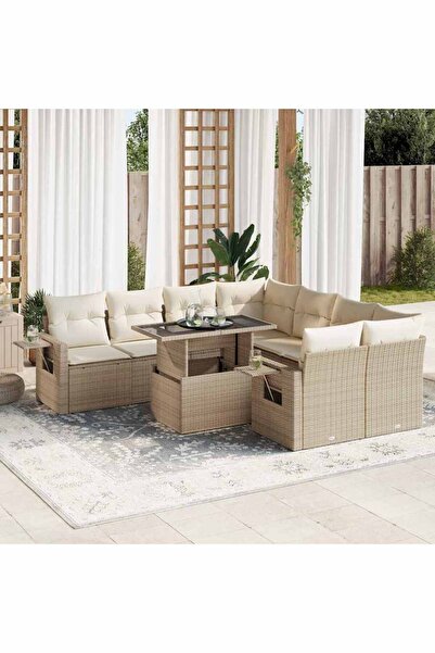 vidaxl Set canapele de gradina, 9 piese, cu perne, bej, poliratan