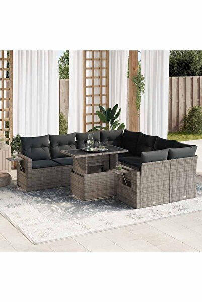vidaxl Set canapele de gradina, 9 piese, cu perne, gri, poliratan
