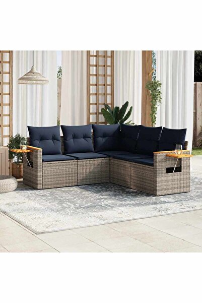 vidaxl Set canapea de gradina cu perne, 5 piese, gri, poliratan