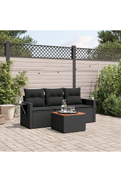 vidaxl Set mobilier de gradina cu perne, 4 piese, negru, poliratan