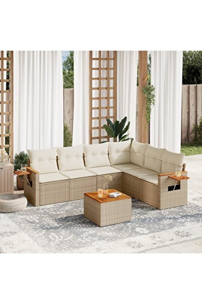 vidaxl Set canapele de gradina, 7 piese, cu perne, bej, poliratan