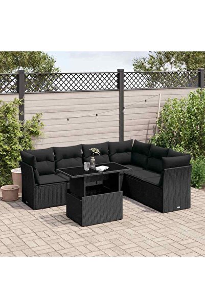 vidaxl Set canapele de gradina cu perne, 7 piese, negru, poliratan