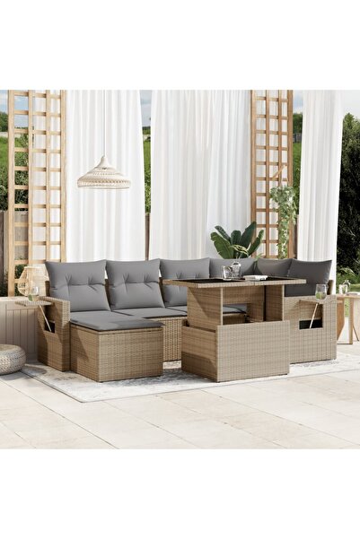 vidaxl Set canapele de gradina, 7 piese, cu perne, bej, poliratan