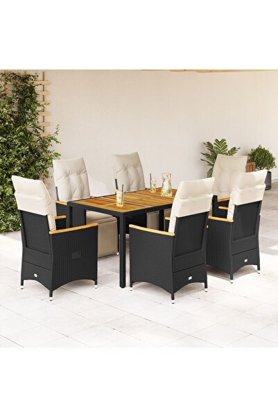 vidaxl Set bistro de gradina, 7 piese, cu perne, negru, poliratan