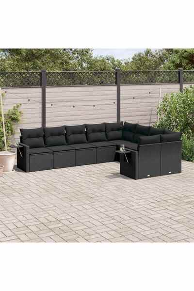 vidaxl Set mobilier de gradina cu perne, 9 piese, negru, poliratan