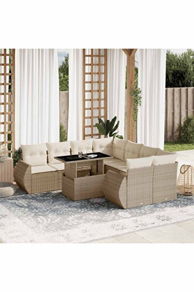 vidaxl Set canapele de gradina, 9 piese, cu perne, bej, poliratan