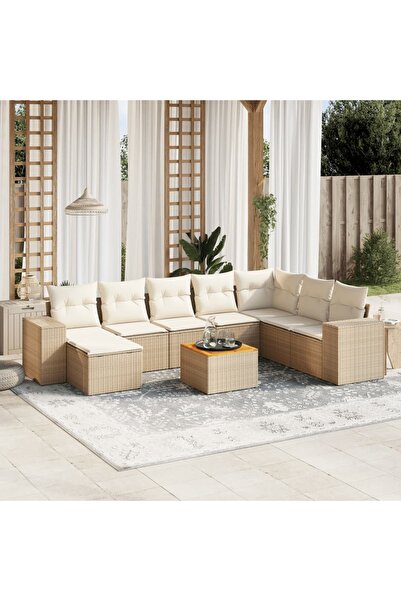 vidaxl Set canapele de gradina, 9 piese, cu perne, bej, poliratan