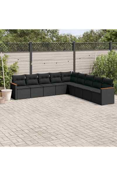 vidaxl Set mobilier de gradina cu perne, 9 piese, negru, poliratan