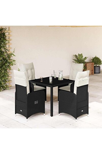 vidaxl Set bistro de gradina cu perne, 5 piese, negru, poliratan
