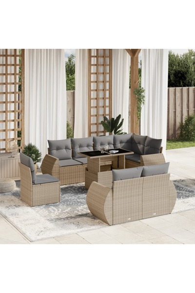 vidaxl Set canapele de gradina, 9 piese, cu perne, bej, poliratan